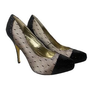Lulu Townsend Black & Beige Mesh Glitter Stiletto Heels Size 9M